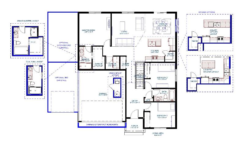 The Wright floor plan - architectural drawing simplified with 3 bedrooms, 2 bath, 2-car garage, corner pantry, kitchen island 